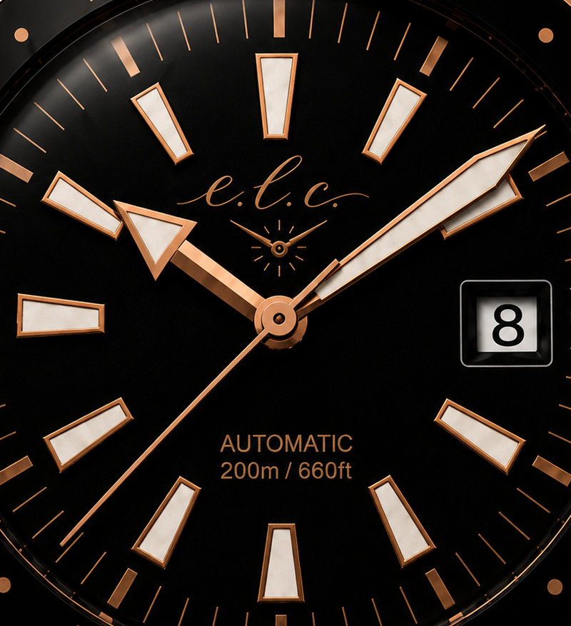 Luxury watch with balanced black dial and luminous markers