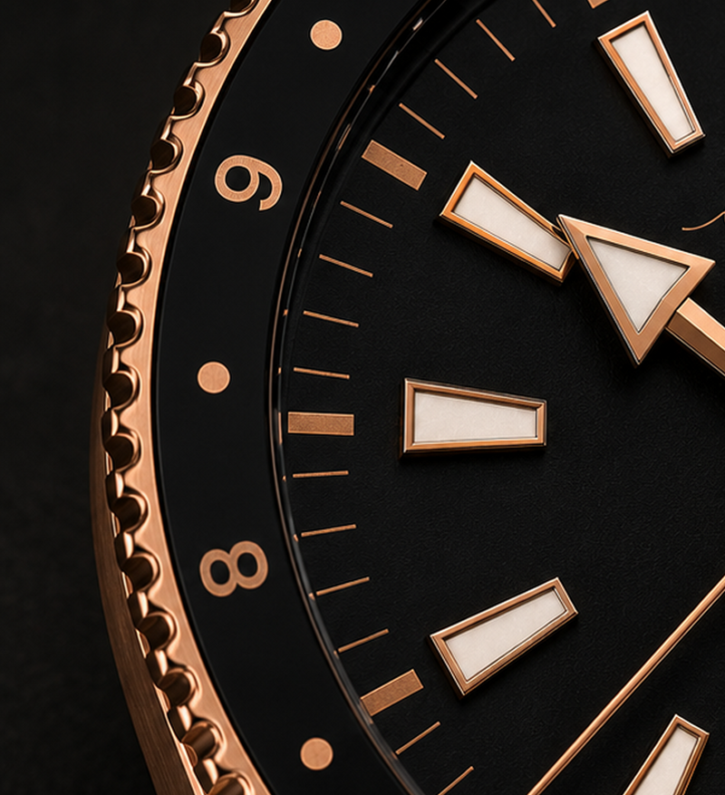 Luxury watch showing second time zone with dual-time bezel
