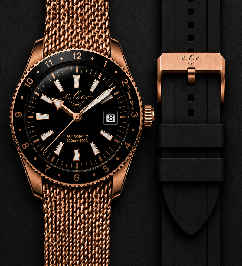 Luxury watch with rose gold mesh and black strap options