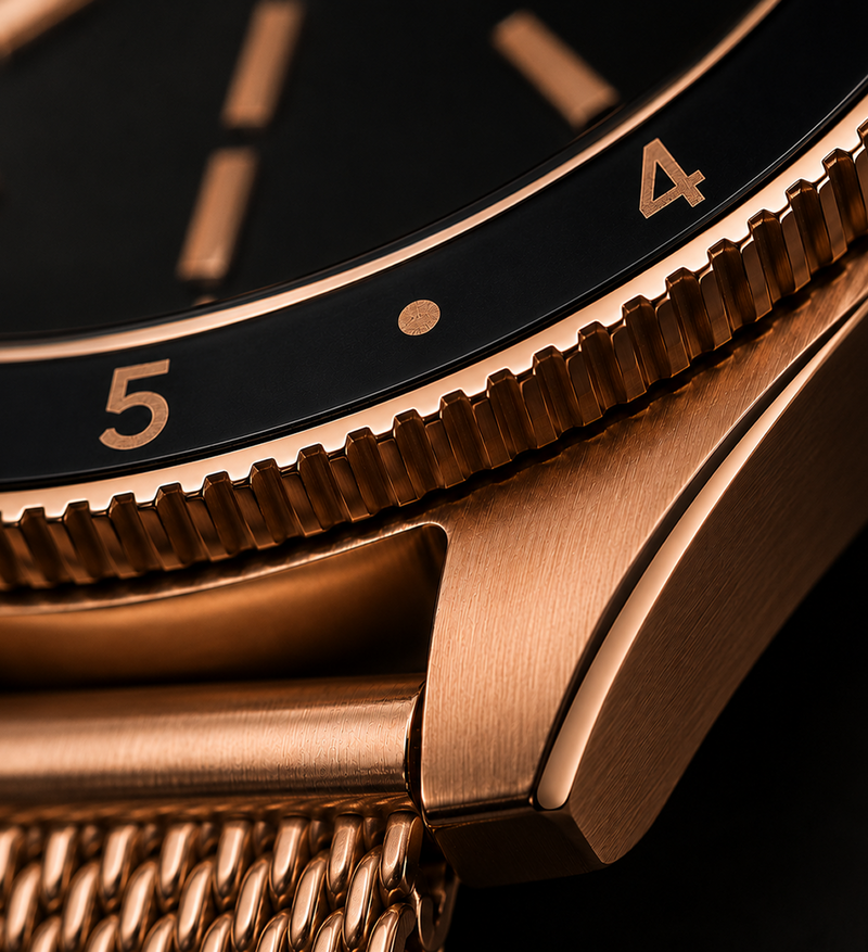 Close-up of refined rose gold luxury watch case and bezel