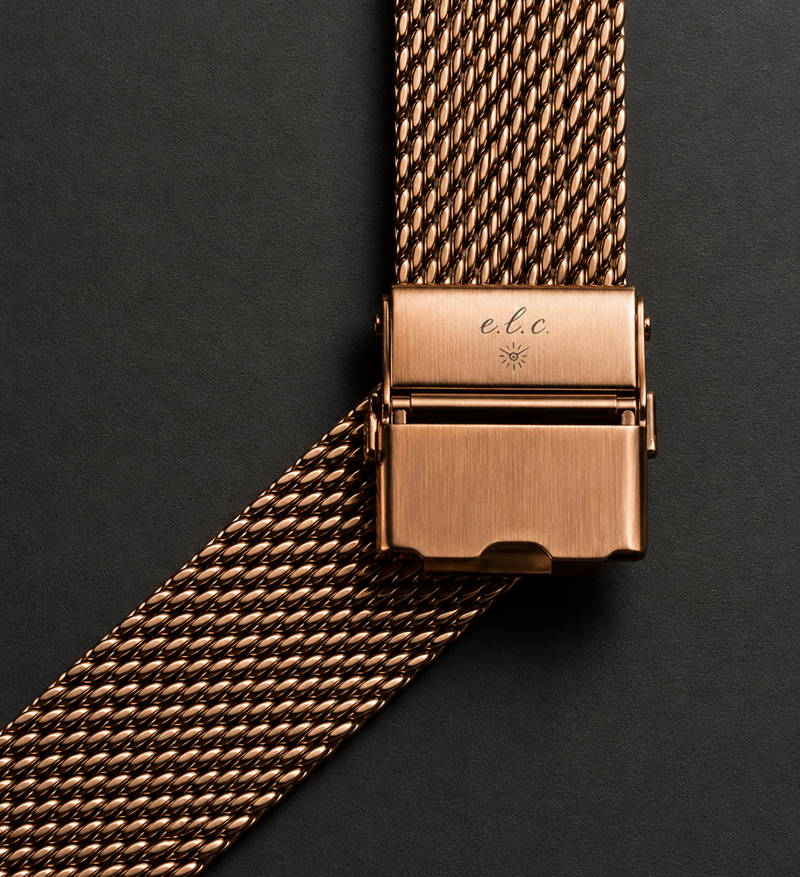 Rose gold mesh watch bracelet with adjustable clasp