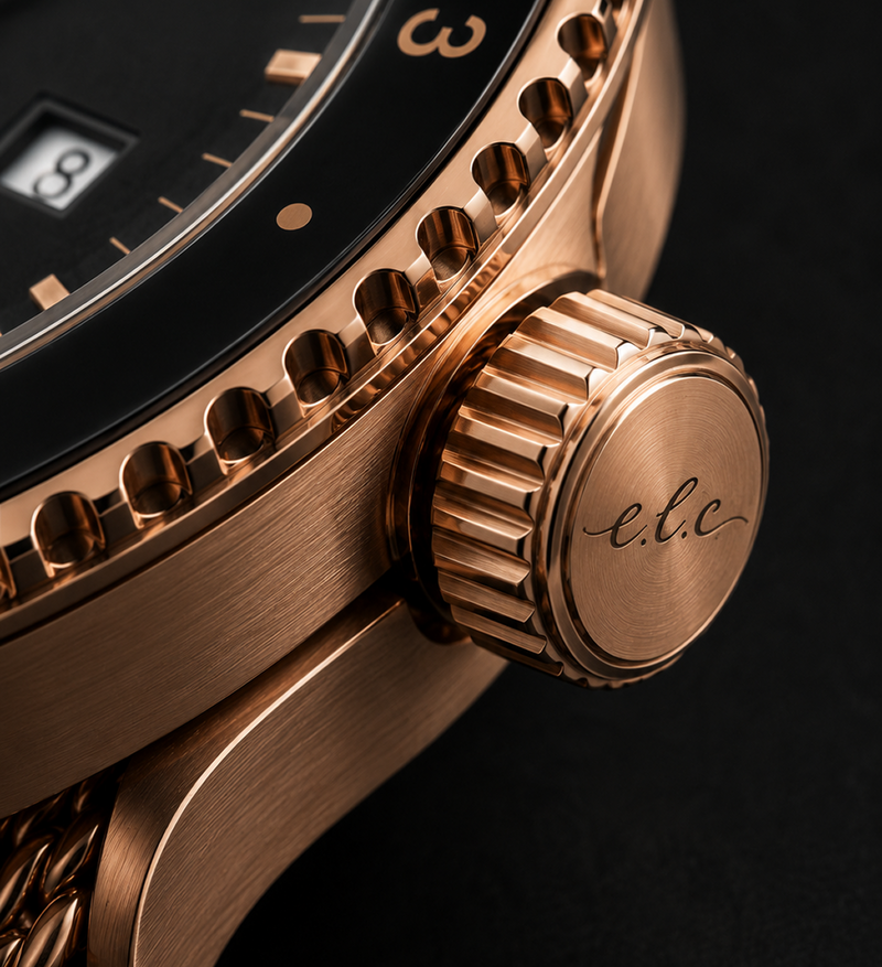 Close-up of rose gold watch crown and case