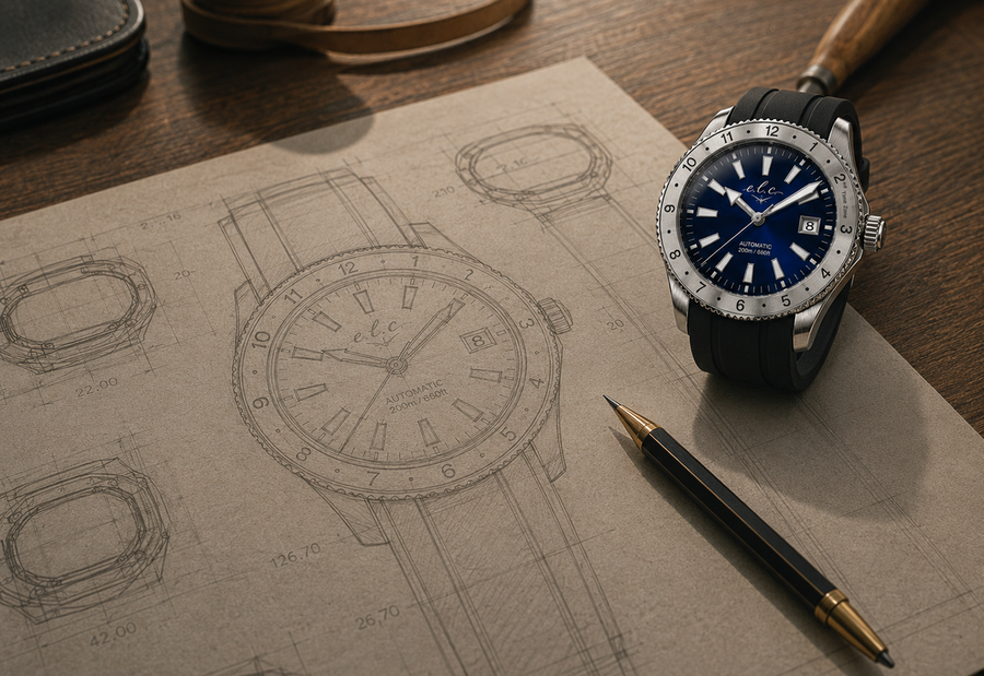 E.L.C. luxury watch beside watchmaking design sketches and pen