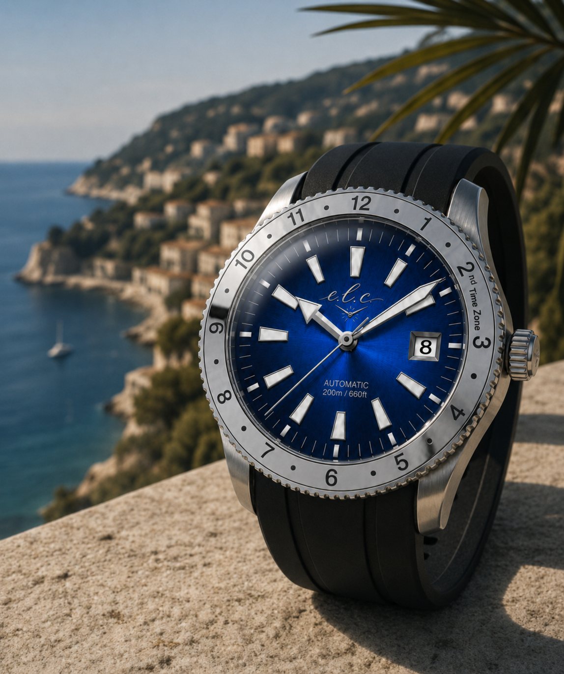 ELC luxury automatic watch overlooking a Mediterranean coastal landscape
