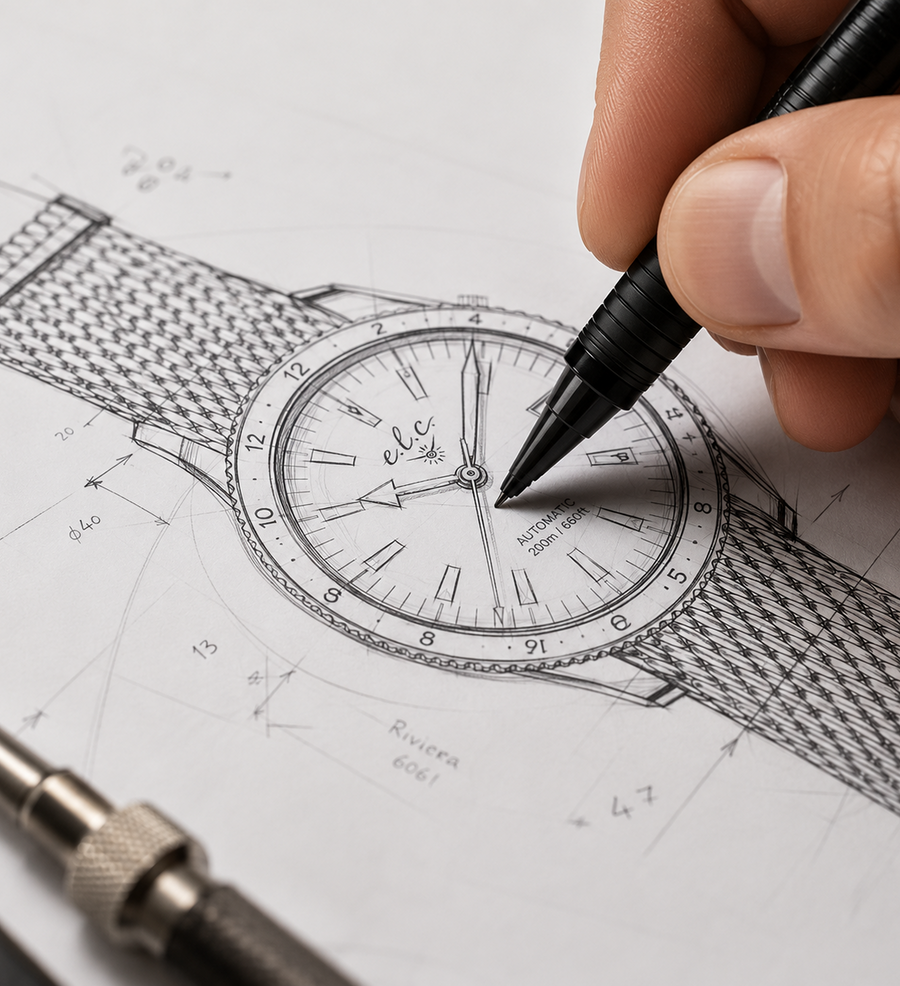 Mechanical watch design sketch showing the craftsmanship and development of an E.L.C. timepiece