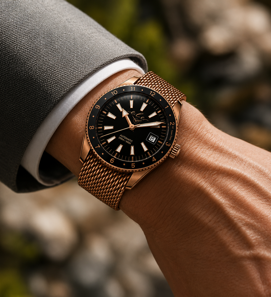 E.L.C. mechanical watch worn on the wrist with a refined Riviera-inspired design