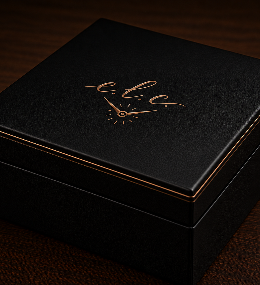 E.L.C. mechanical watch presented in a premium black luxury watch box