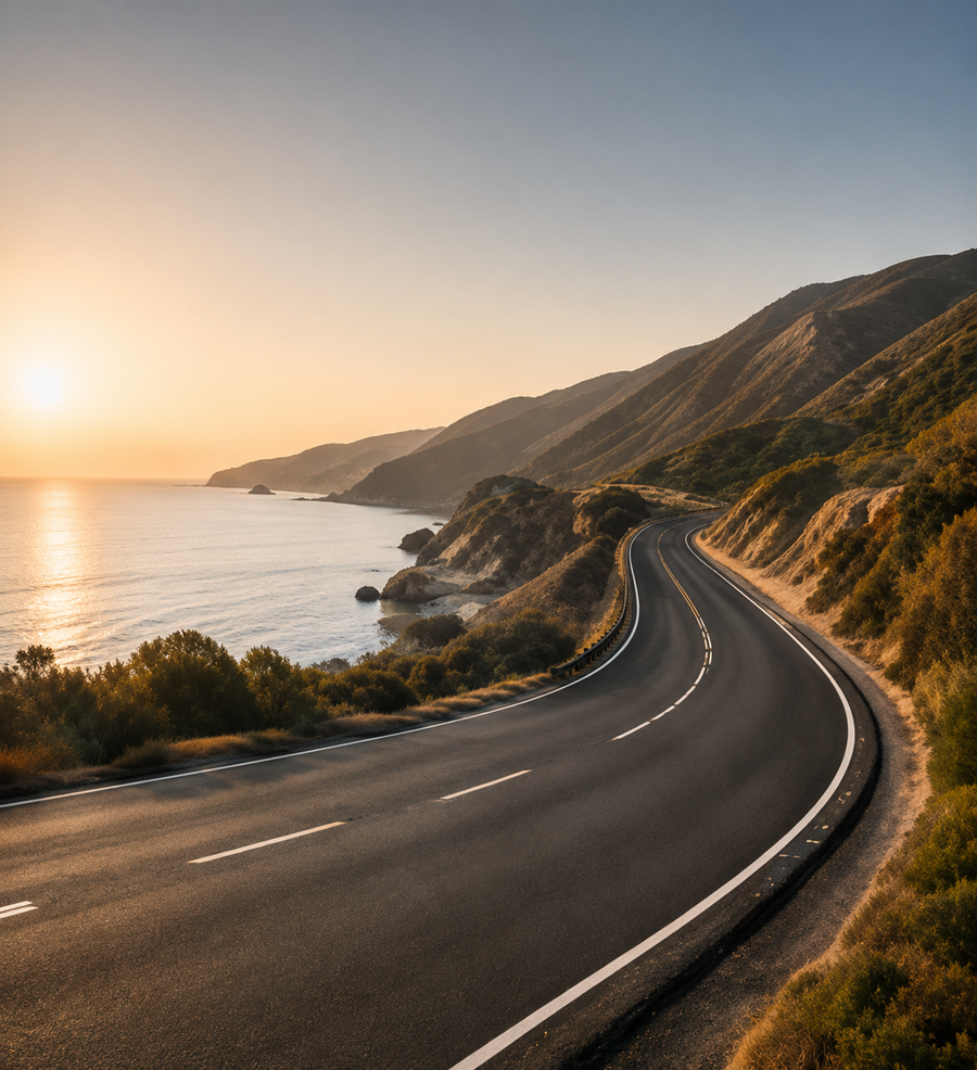 Scenic Riviera coastal road representing freedom, travel, and the E.L.C. watch journey