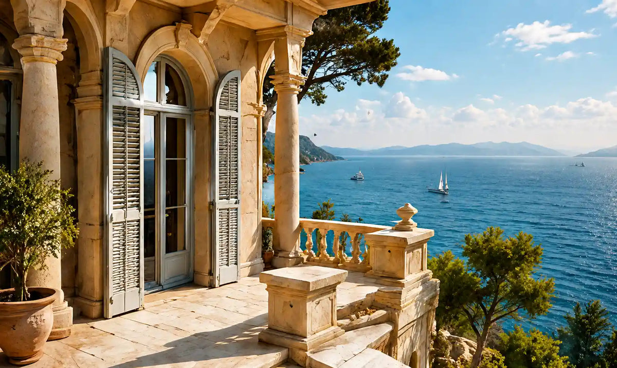 Stone terrace overlooking the Mediterranean sea with sailboats and distant mountains.
