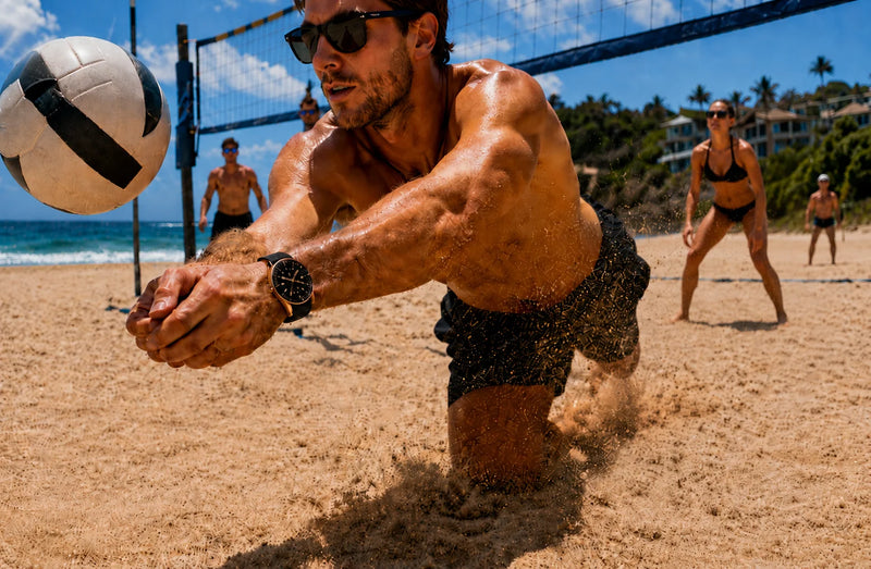 Man wearing the E.L.C. Riviera Signature Rose Gold watch while playing beach volleyball.