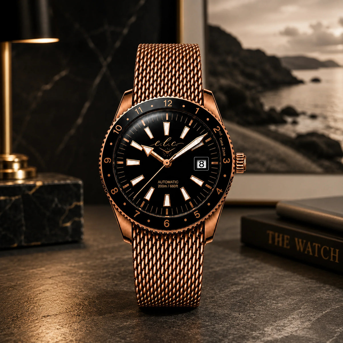 E.L.C. Riviera Signature Rose Gold watch with a black dial, rose gold-tone case, and rose gold mesh bracelet, displayed on a dark textured surface.