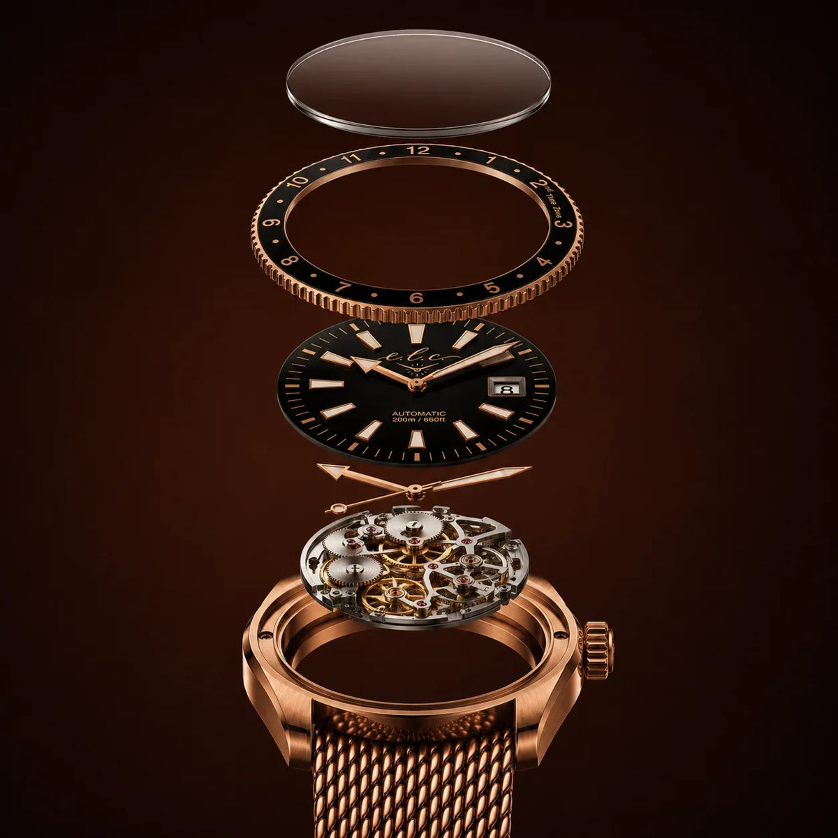 Exploded view of the E.L.C. Riviera Signature Rose Gold watch showing the crystal, rose gold rotating bezel, black dial, automatic movement, rose gold case, and matching mesh bracelet.