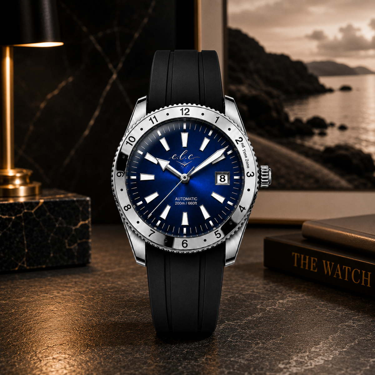 E.L.C. Riviera Signature Silver Azur watch with a deep blue dial, silver-tone case, and black rubber strap, displayed in a luxury interior setting.