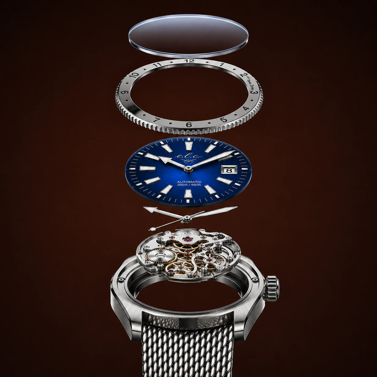 Exploded view of the E.L.C. Riviera Signature Silver Azur watch showing its blue dial, silver case, bezel, crystal, automatic movement, and mesh bracelet.