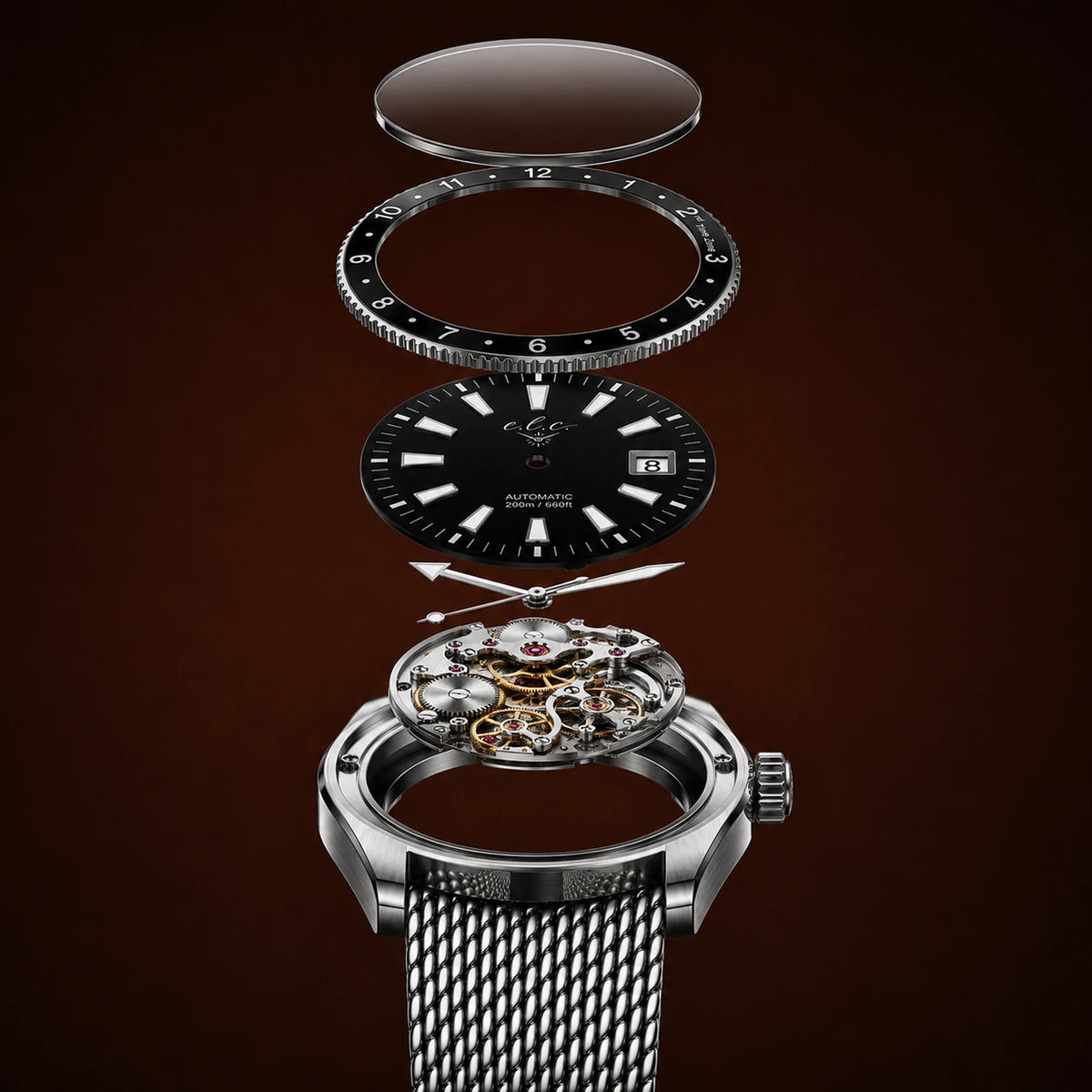 Exploded view of the E.L.C. Riviera Signature Silver Black watch showing the black dial, black bezel, silver case, automatic movement, and metal mesh bracelet.