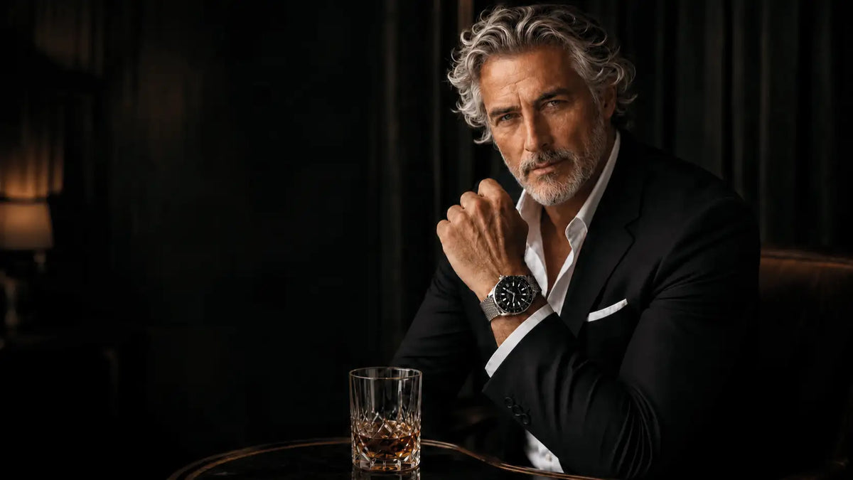 Man wearing an E.L.C. Riviera Signature Silver Black watch with a mesh bracelet while dressed in a black suit.