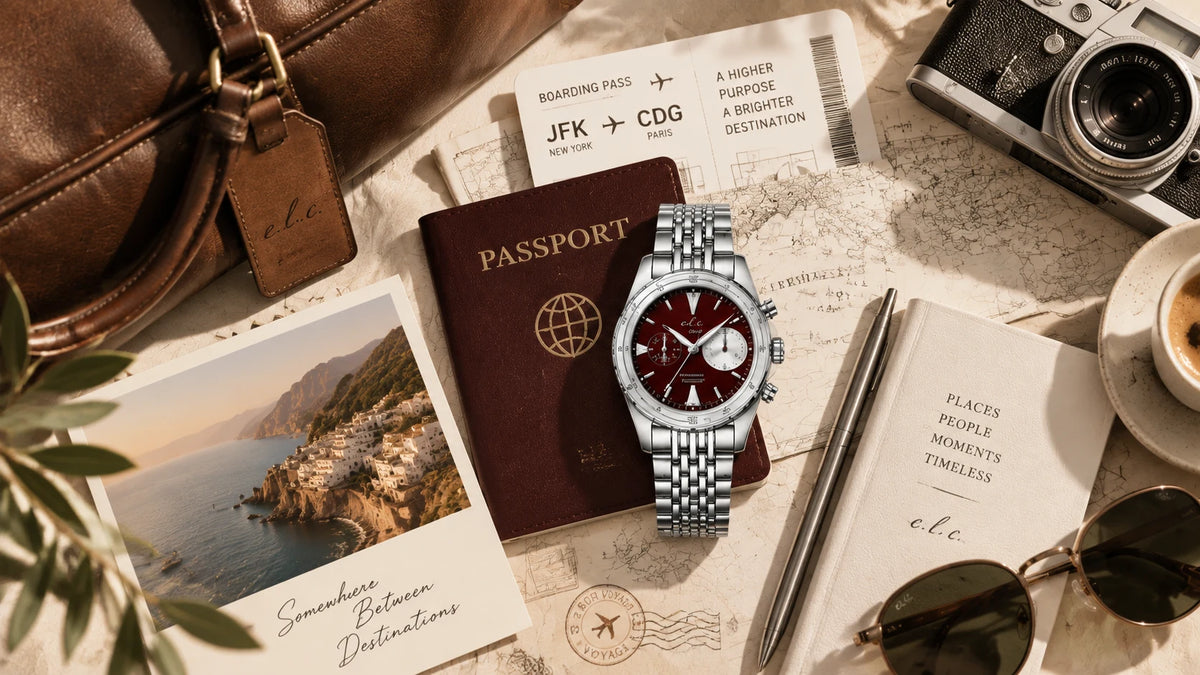 E.L.C. Riviera Signature Silver Red chronograph watch displayed with a passport, boarding pass, map, and travel accessories.