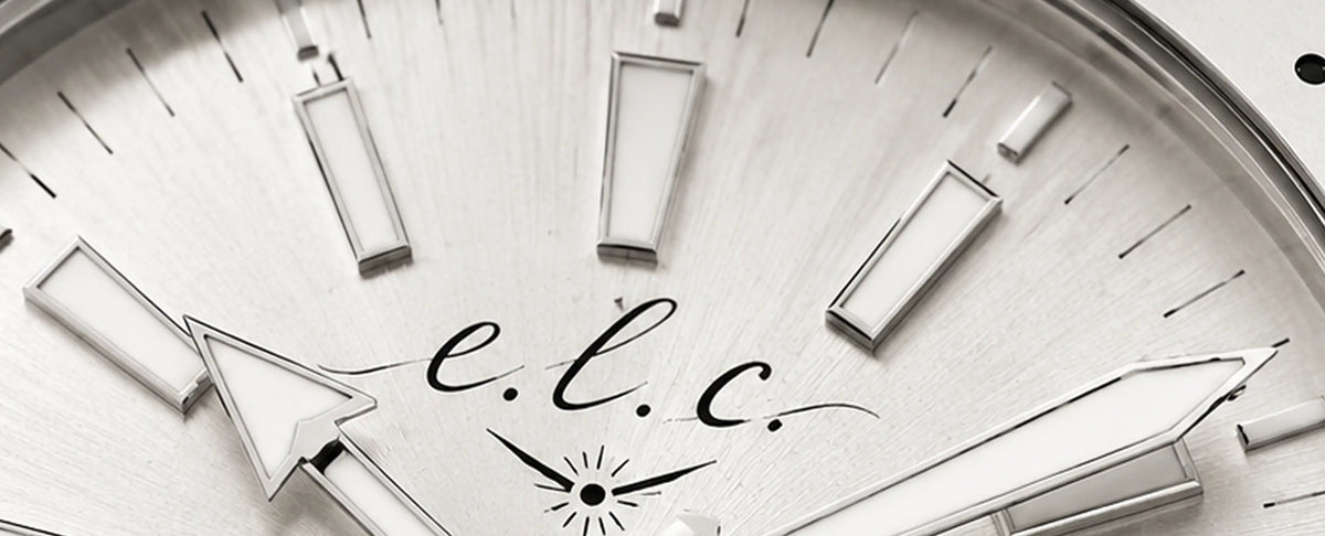 Close-up of the E.L.C. Riviera Signature Silver White watch dial with a sunburst finish and applied hour markers.