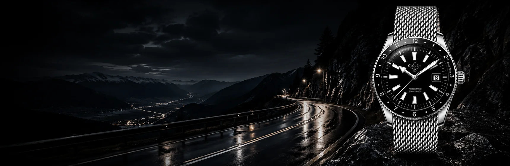 E.L.C. Riviera Signature black watch on a mountain road at night
