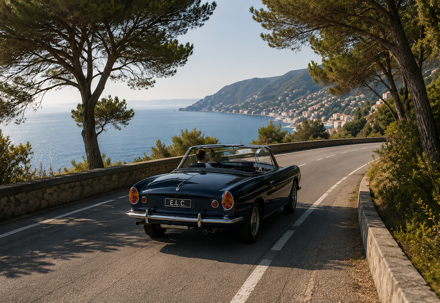Classic car driving along a scenic Mediterranean coastal road
