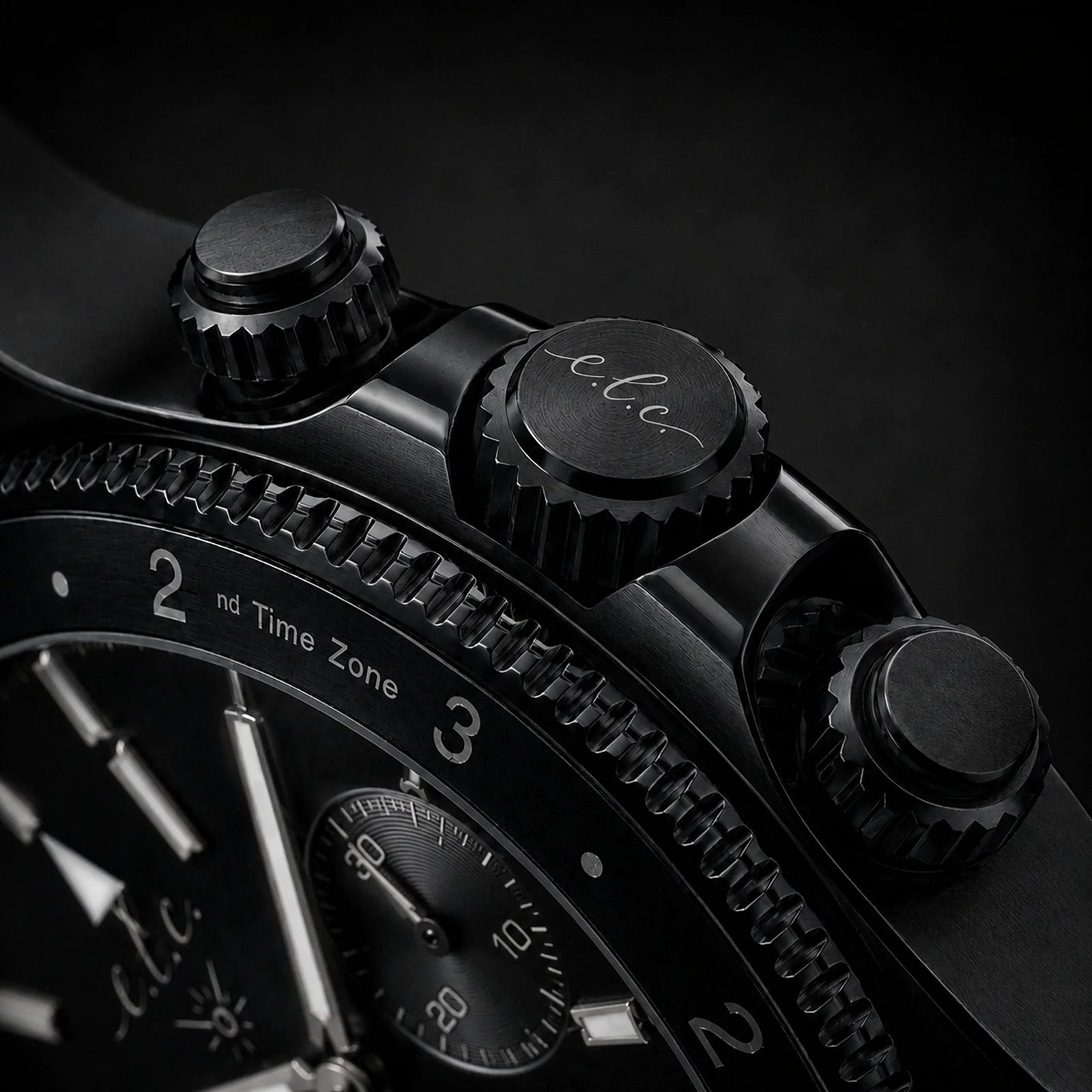 E.L.C. Riviera Signature black watch close-up showing crown and bezel details