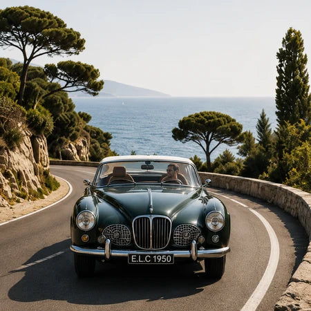 Classic luxury car driving along the French Riviera coast