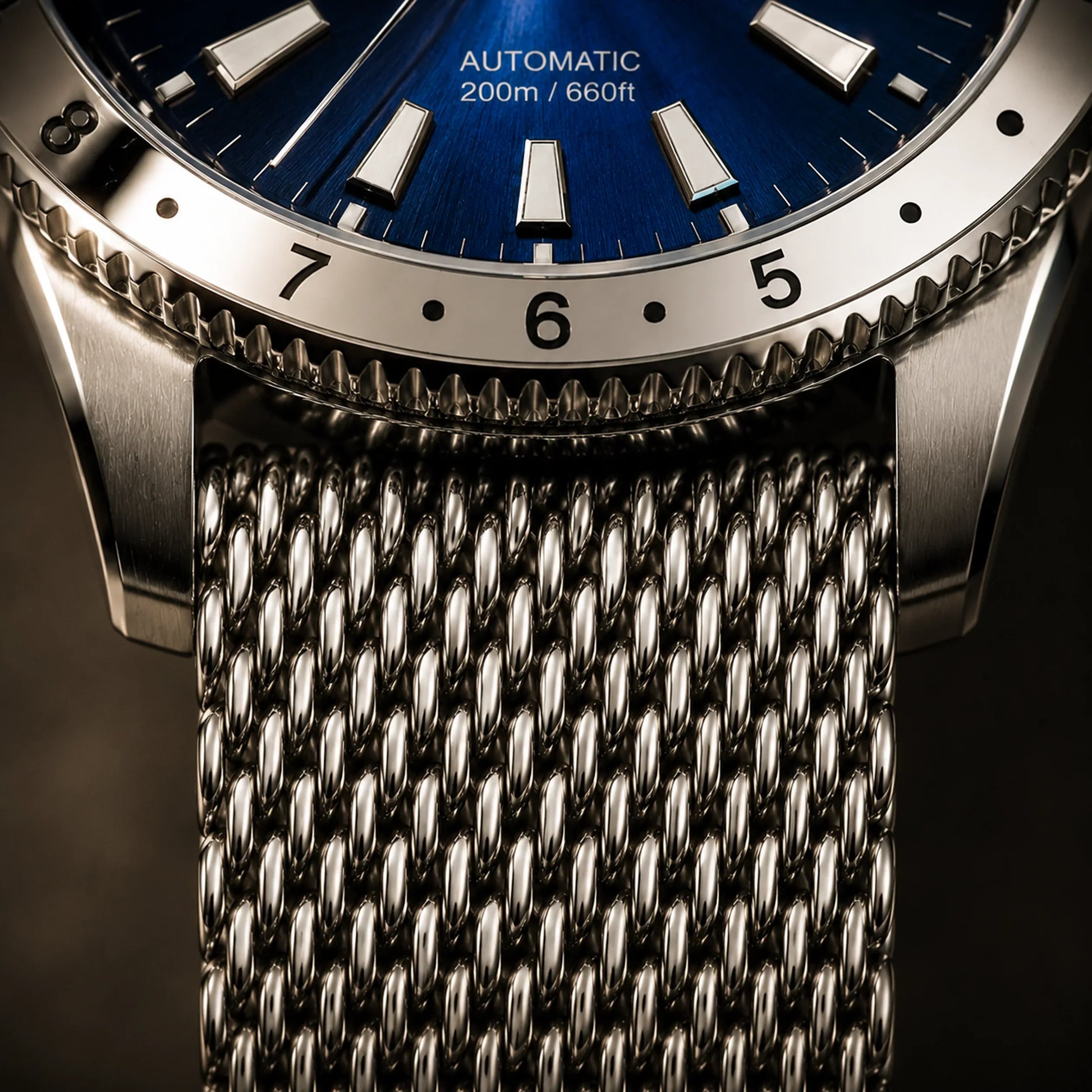 E.L.C. Watches luxury automatic watch with blue dial and stainless steel mesh bracelet