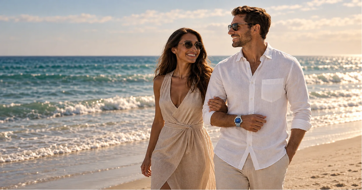 elc couple walking beach luxury lifestyle