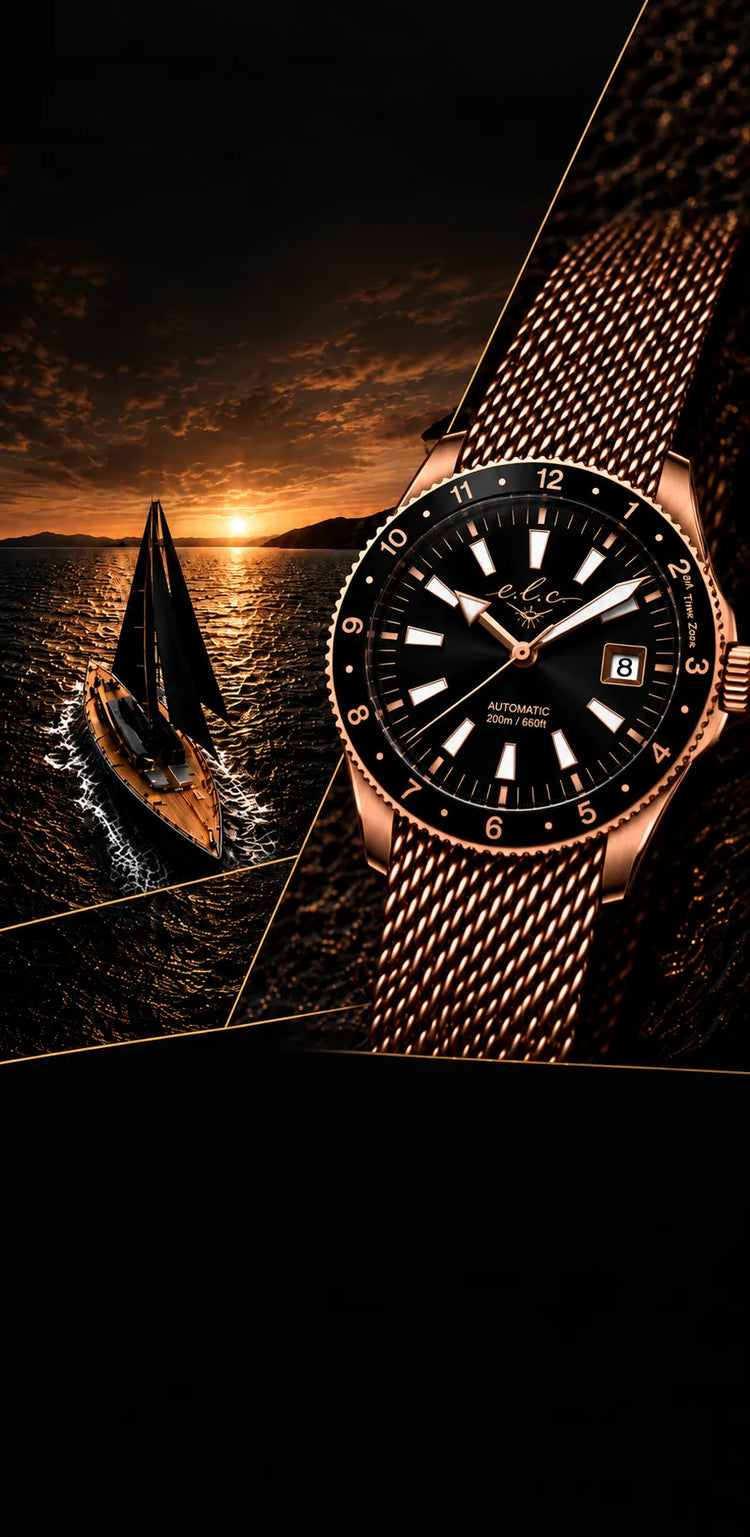 elc rose gold automatic watch yacht lifestyle mobile
