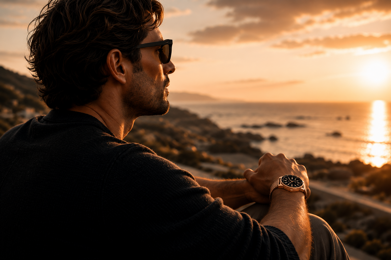 Man wearing a luxury watch overlooking the ocean at sunset