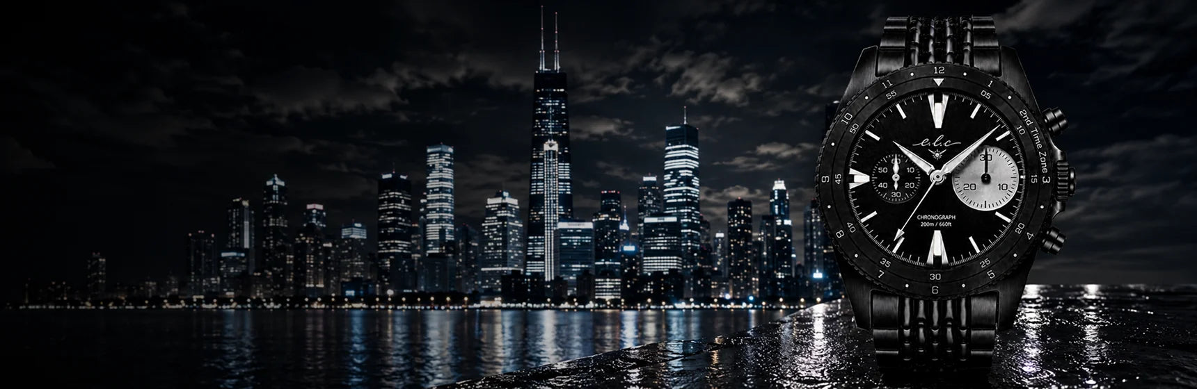 Luxury chronograph watch against the New York City skyline at night