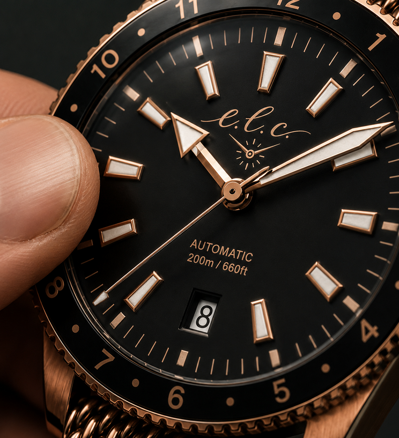 Luxury watch with sword hands and black dial