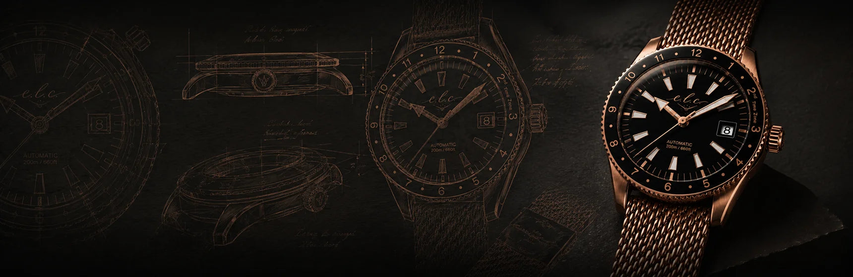 Our Story banner featuring a luxury automatic watch and vintage watch sketches