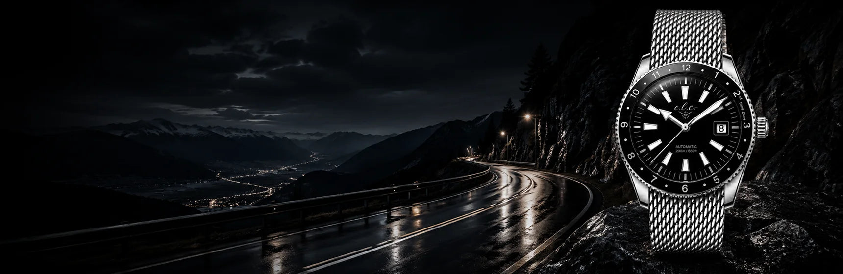 Terms of Service page banner with luxury automatic watch and mountain road at night